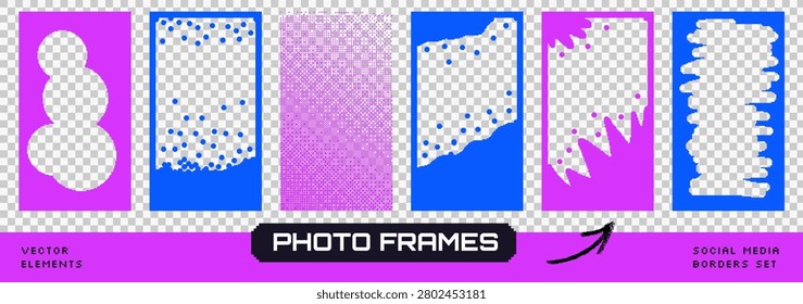 Pixel frame with funky art photo border for bold text box. Pixel frame place holders with story card and social media post. Vector y2k retro set isolated on checkered bg as png.