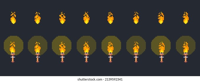 Pixel frame-by-frame animation of fire. A torch with a translucent glow.