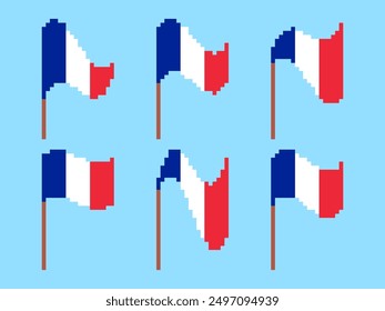 Pixel France flag icon set isolated on white background. Waving flag of France in 8-bit retro graphics style from the 80s. Design in pixel art style for banners and posters. Vector illustration