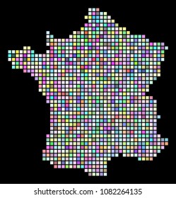 Pixel France Map. Vector geographic map in arbitrary colors on a black background. Vector collage of France Map created with regular small rectangles.
