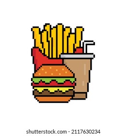 pixel French fries fast food restaurant  vector game 8 bit logo template. Pixel burger icon and drink vector