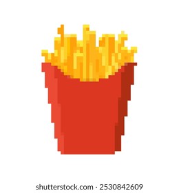 Pixel french fries icon red box. Retro pixel art fast food fries snack retro cartoon isolated icon