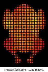Pixel fried chicken icon. Bright pictogram in fire color tinges on a black background. Vector halftone mosaic of fried chicken pictogram formed of circle pixels.