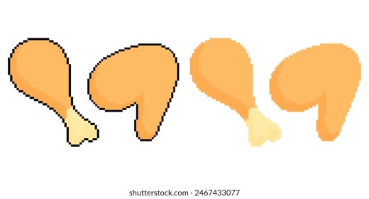 pixel fried chicken with outline and without outline on white background