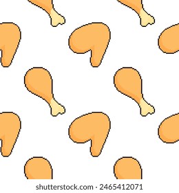 pixel fried chicken seamless pattern with outline on white background