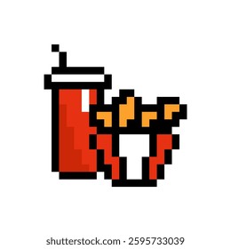 Pixel fried chicken wings with soda. Spicy crispy fast food legs in red packaging with sweet drink for appetizing 8 bit snack and game vector design
