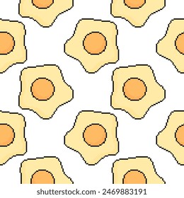 pixel fried egg seamless pattern with outline on white background