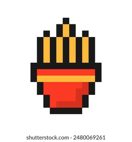 Pixel fries icon. Red 8 bit package with crispy fried potatoes in oil for percussion and game vector design