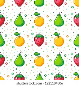 Pixel Fruit Pattern. Pixel Art Style Vector. Simple, Cute. Seamless Pattern. Oranges, Pear, Strawberry.