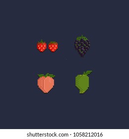 Pixel fruit set, strawberry, peach, mango, grape.8 bit art vector illustration.