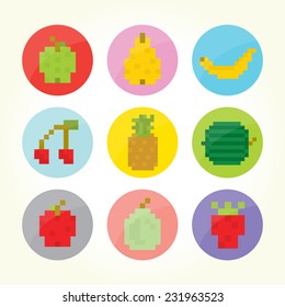 Pixel fruits buttons isolated vector icon set