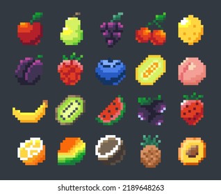 Pixel fruits. Cartoon 2D game sprite asset with apple banana mango citrus pineapple cherry, 8-bit collection of fruit signs for game development. Vector set of fruit symbol element pixel illustration