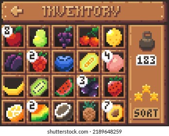 Pixel fruits inventory. Cartoon game interface screen with fruits and berries in cells and UI elements, 8-bit 2D game sprite asset. Vector character food collection of fruit pixel game illustration