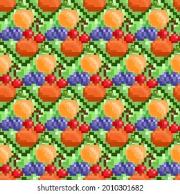 Pixel fruits pattern. 8 bit repeat background. Vector.
