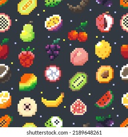 Pixel fruits pattern. Seamless print of pixelated cartoon fruits and berries, 2D game wallpaper of rough pixel icons. Vector texture seamless background pattern illustration