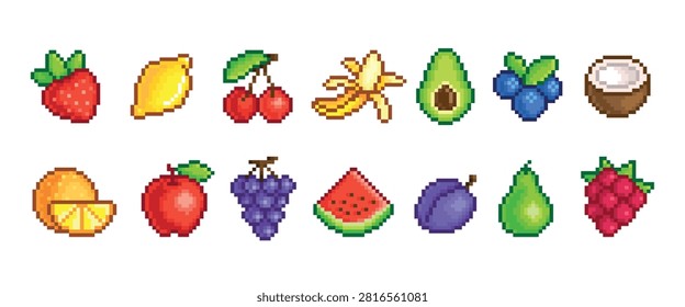 Pixel fruits. Pixelated icons fruit, 8 bit arcade game elements. Fresh banana, cherry, lemon, orange, avocado and watermelon slice, tidy vector clipart