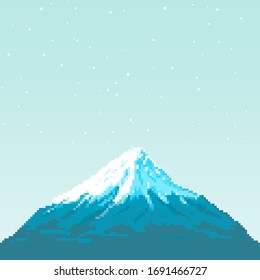 Pixel Fuji Mountain At Sunset. Japan. Pixel Art 8 Bit.