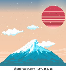 Pixel Fuji Mountain At Sunset And The Red Sun. Japan. Pixel Art 8 Bit.