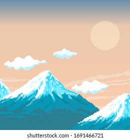 Pixel Fuji mountain at sunset and the red sun. Japan. Pixel art 8 bit.