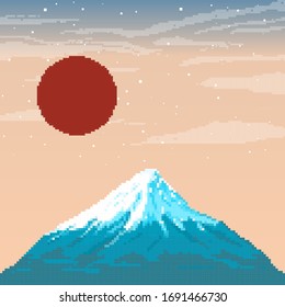 Pixel Fuji au coucher du soleil et au soleil rouge. Japon. Pixel art 8 bits.
