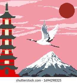 Pixel Fuji mountain at sunset and the red sun, crane and Japan pagoda, house. Japan. Pixel art 8 bit.