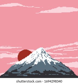 Pixel Fuji au coucher du soleil et au soleil rouge. Japon. Pixel art 8 bits.