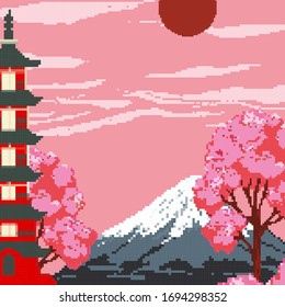 Pixel Fuji mountain at sunset and the red sun, sakura and Japan pagoda, house. Japan. Pixel art 8 bit.