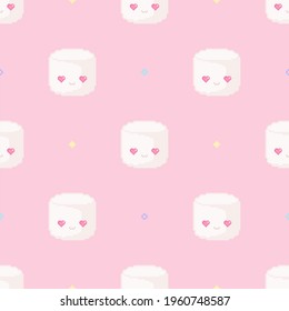 Pixel fun trendy seamless pattern with cute marshmallows on pink background. pink backdrop and fun anime pixel marshmallows repeat pattern for fabric, textile, paper, case. Modern sweet pixel pattern.