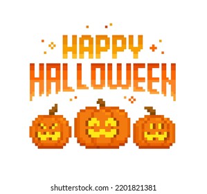 Pixel funny pumpkins isolated vector. Pixel art pumpkins with smile and Happy Halloween 8-bit style lettering