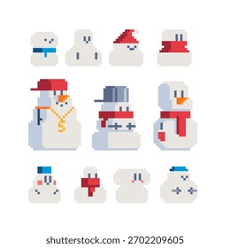 Pixel divertidos muñecos de nieve en diferentes sombreros y bufandas conjunto. Colección de personajes de invierno de 8 bits para Navidades y diseño de año Nuevo, juegos retro y proyectos de decoración festiva.