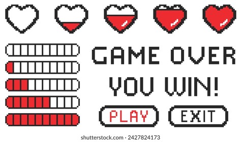 Juego de píxeles corazones de 8 bits, barra de vida saludable, botones de jugar y salir, Game Over y Ganar inscripción. Símbolos de juego pixelados retro establecidos sobre fondo transparente. Amor, concepto de San Valentín