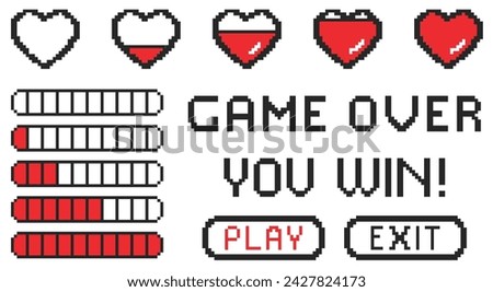 Pixel game 8 bit hearts, health life bar, Play and Exit buttons, Game Over and You Win inscription. Retro pixelated gaming symbols set on transparent background. Love, Valentine concept