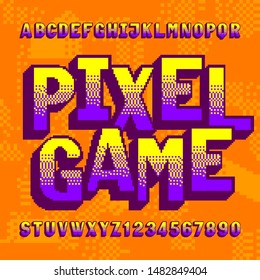 Pixel game alphabet font. Colorful digital letters and numbers on pixel background. Retro 80s video game typescript.