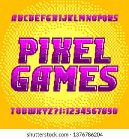 Pixel Game alphabet font. Digital gradient letters and numbers on pixel background. 80s retro arcade video game typeface.