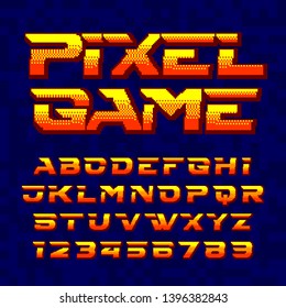 Pixel-Game-Schriftart. Buchstaben und Zahlen für digitale Pixel-Farbverlauf-Zeichen. 80er Jahre Retro-Arcade-Videospiel-Schriftart.