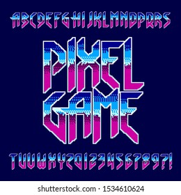 Pixel Game Alphabet Font. Retro Digital Letters And Numbers In Hard Rock Style. 80s Arcade Video Game Typescript.