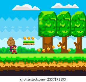 Pixel game, arcade. Retro 8 bit video game interface, computer game level up background. Landscape page of pixel game, green trees and bushes, cloudy sky with hero character and coins. Pixelated art