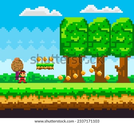 Pixel game, arcade. Retro 8 bit video game interface, computer game level up background. Landscape page of pixel game, green trees and bushes, cloudy sky with hero character and coins. Pixelated art