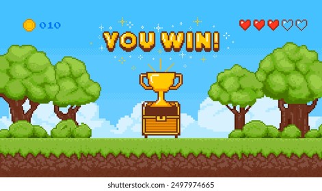 Pixel game art scene with chest. Retro 8 bit win background. Arcade interface with open chest, treasure, cup and stars. Computer game victory. Vector video computer banner.