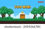 Pixel game art win background. Retro 8 bit video games screen, computer game victory with coins, grass and trees. Pixel level up arcade interface for winner. Vector concept. Chest with golden treasure