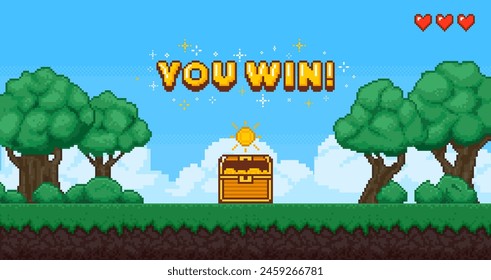 Pixel game art win background. Retro 8 bit video games screen, computer game victory with coins, grass and trees. Pixel level up arcade interface for winner. Vector concept. Chest with golden treasure