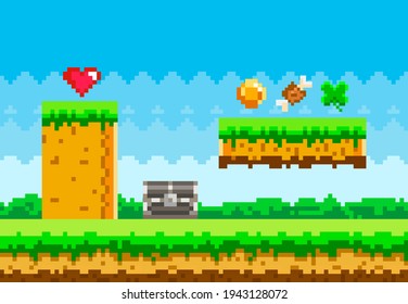 Pixel game background with green grass platform and items collected during gameplay, coins, heart