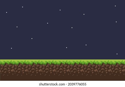 Pixel game background with ground, grass, sky and props and character.