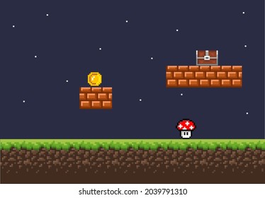 Pixel game background with ground, grass, sky and props and character