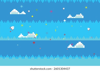 Pixel game background. Nature landscape with blue sky with white clouds, trees and green grass. Pixel 8-bit video game.