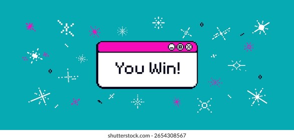 Pixel game background with text "you win". 8bit sparkle,  confetti, sticker. Congratulation banner for winner, 90s vibe.