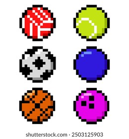 Bolas de juego de píxeles. Pelotas de colores para tenis, fútbol, béisbol, fútbol, baloncesto, voleibol. Ilustración vectorial de estilo retro de 8 bits