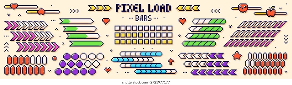 Pixel game bars. 8 bit loading color scales in different shapes.
