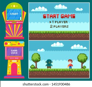 Pixel game, battle of knight with steel and geek. Gamble colorful machine, start and over icons, heroes duel, pixelated interface, green landscape vector