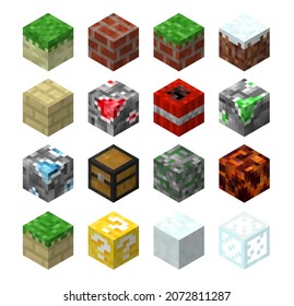 Pixel game blocks of grass, stone and lucky, granite, chest and brick, marble, magma and dynamite, quartz, glass. Game environment design elements, vector textures or items made of square pixels